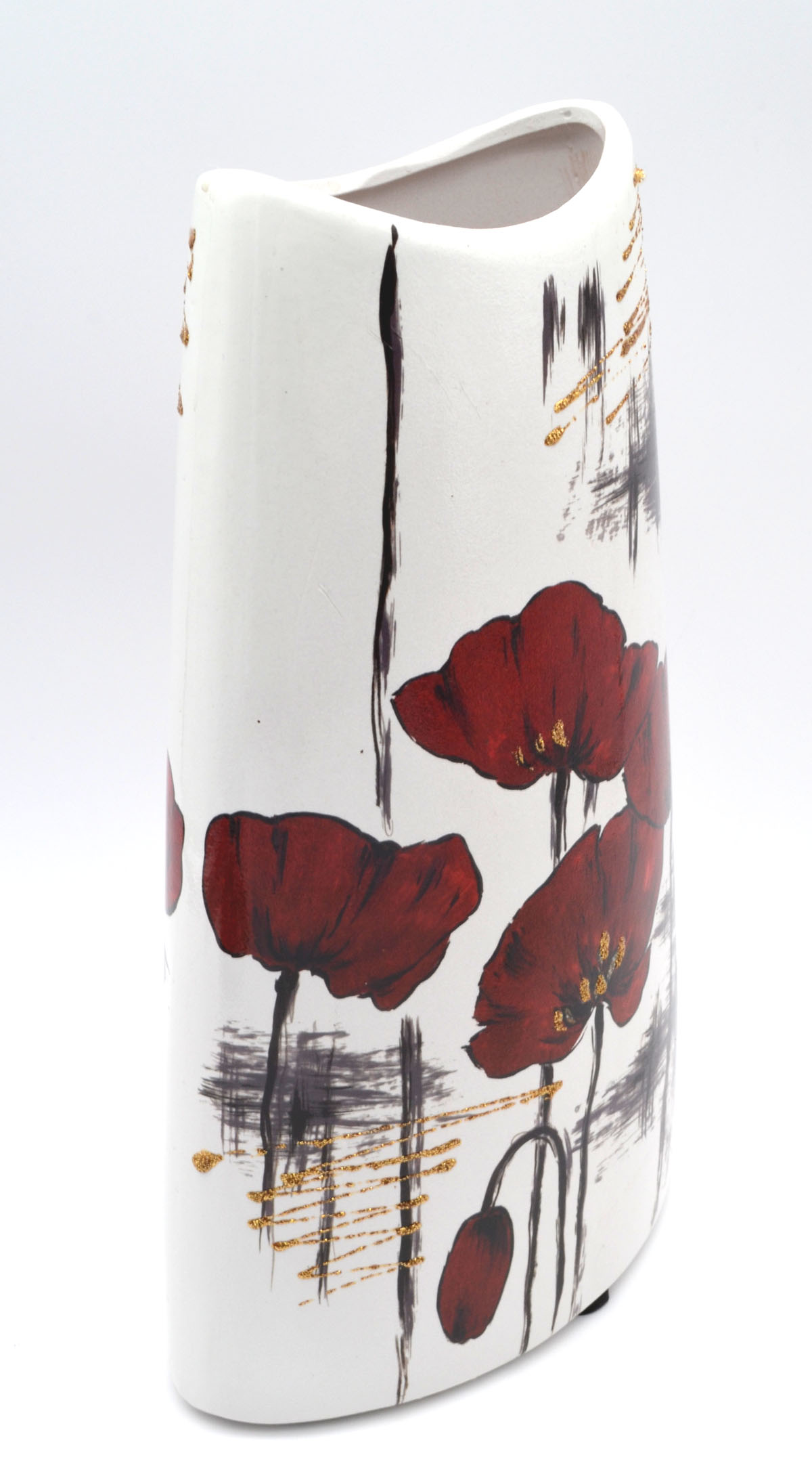 Keramik-Vase Mohnblumen 30 cm – Weiß, Rot und Gold