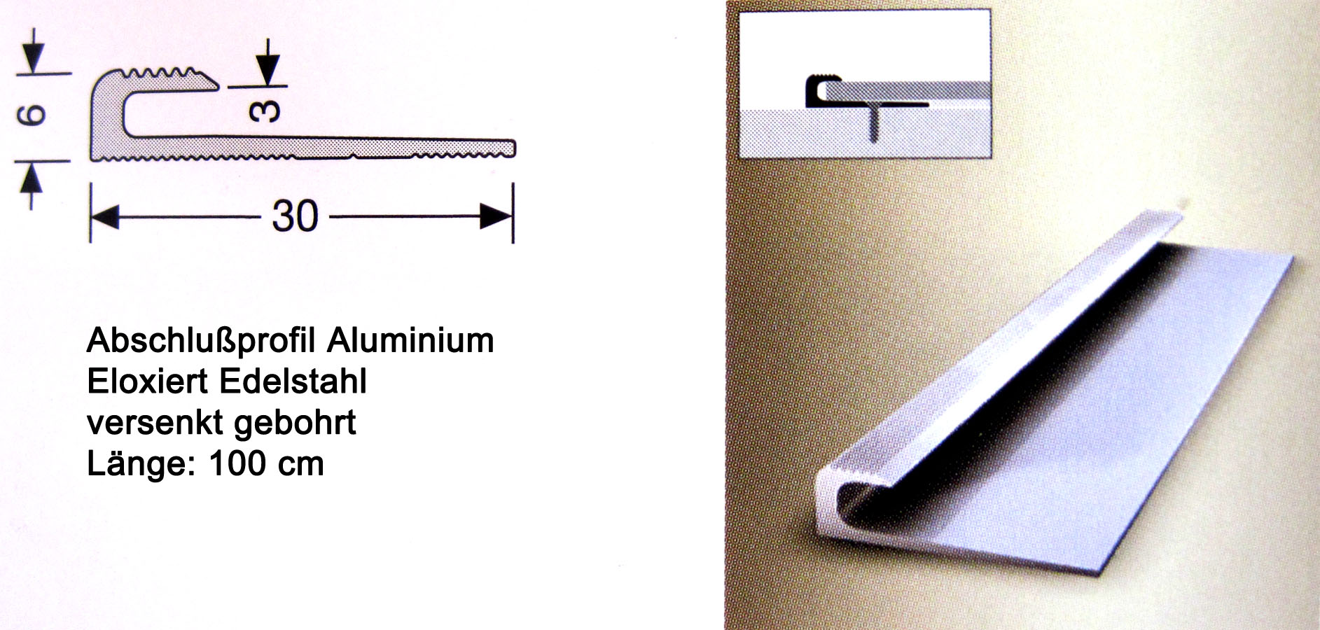 Abschlußprofil 30,0 x 6,0 mm Alu eloxiert edelstahl 1 m SB 804