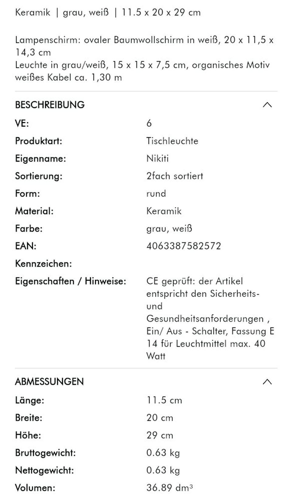 Tischleuchte "Nikiti V2" Keramik grau-weiß V1 29x20x11,5 cm (HxBxT) 