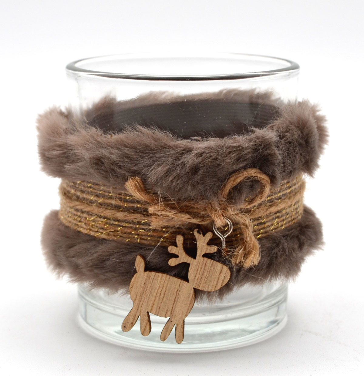 Glas-Windlicht mit Fell Teelichthalter 8 x 6 cm (HxD)