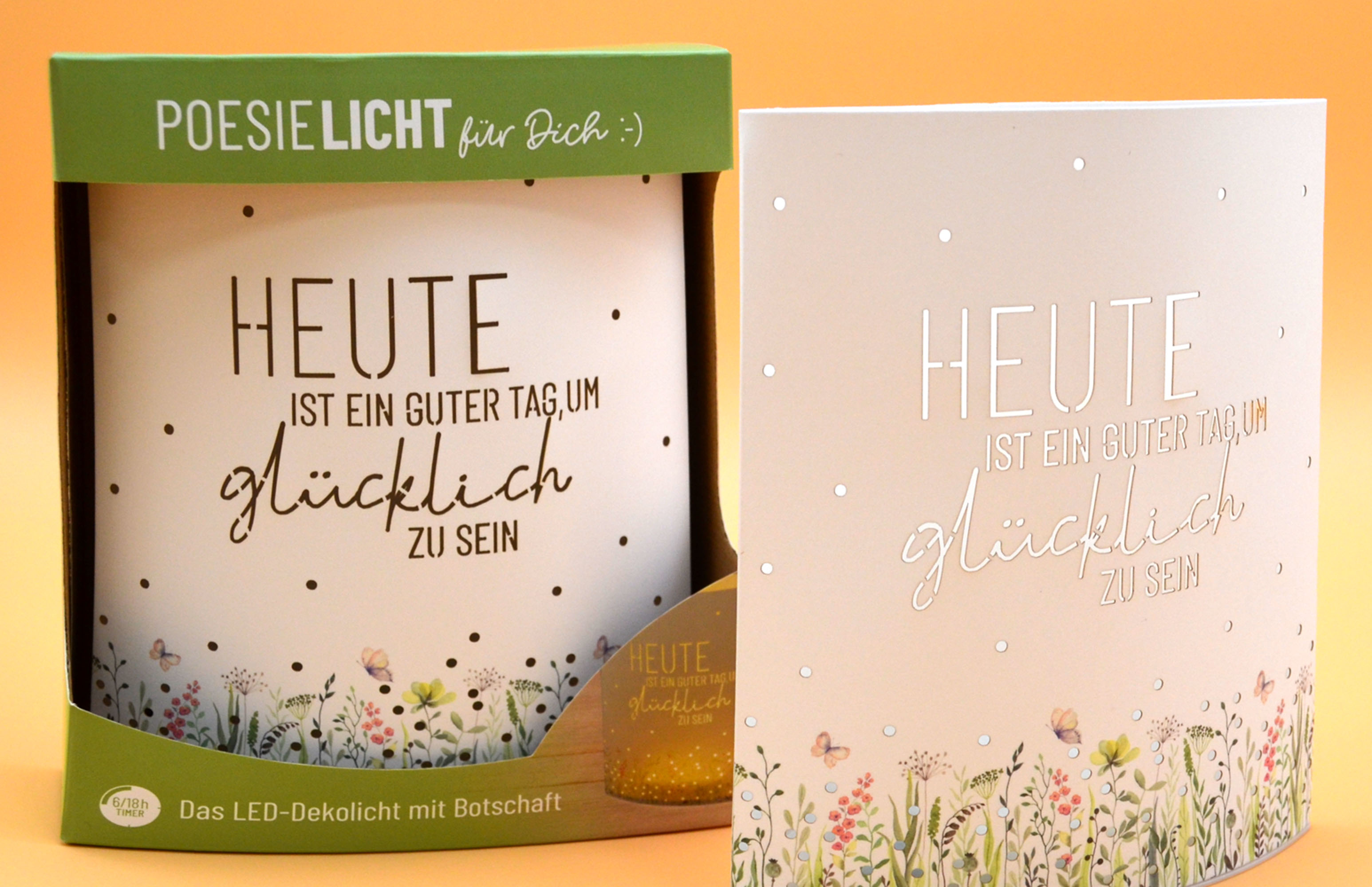 LED-Laterne Poesielicht glücklich sein zum Stehen oder Hängen mit Timer 16x13,x5 cm