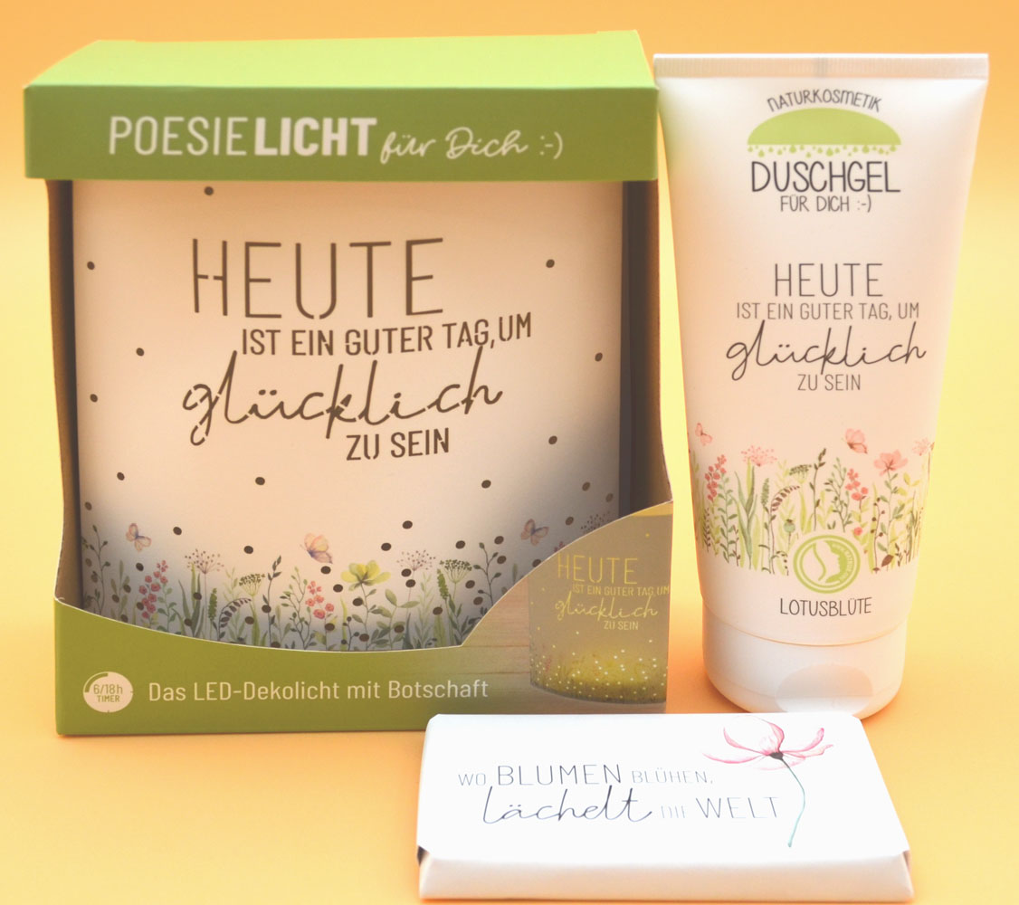 Geschenkset Poesielicht Glücklich sein, Duschbad und Schokolade 