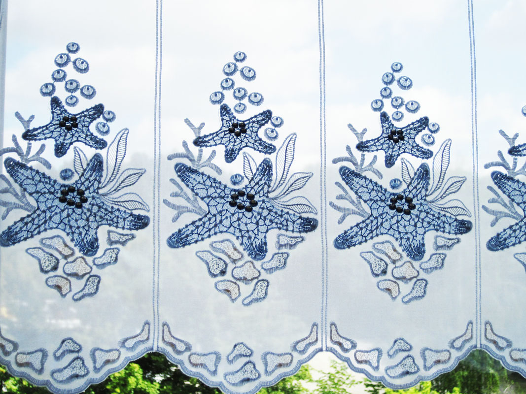 panneaux_seestern_1 1 Stück Kurzgardine ca. 16 cm breit, Seestern blau /weiß 55 cm hoch