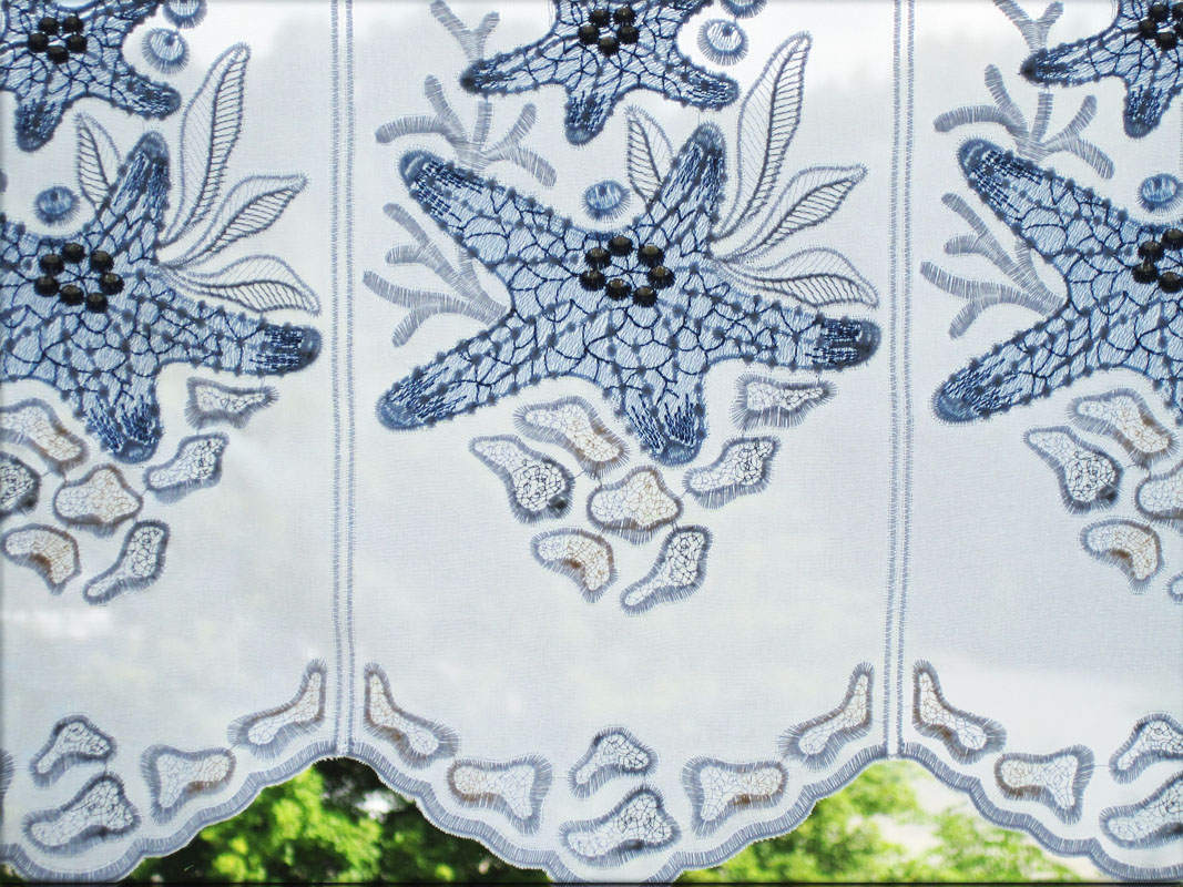 panneaux_seestern_2 1 Stück Kurzgardine ca. 16 cm breit, Seestern blau /weiß 55 cm hoch