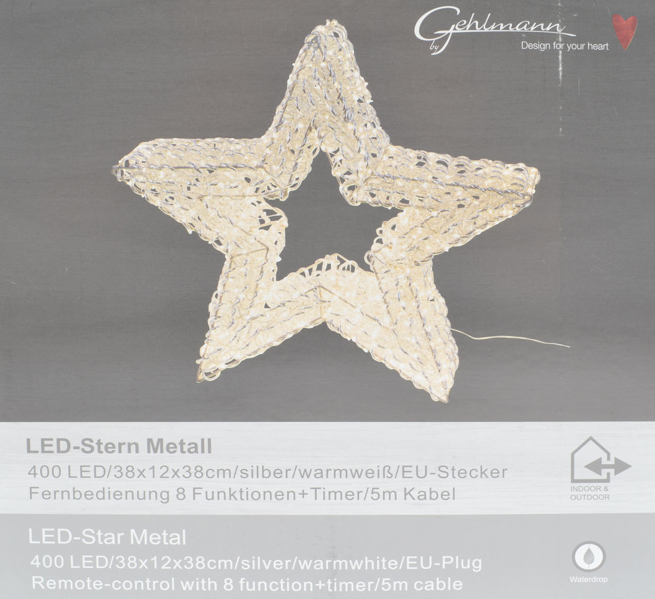 LED-Metallstern silber 38 cm – 400 LEDs, Timer, Fernbedienung und Adapter