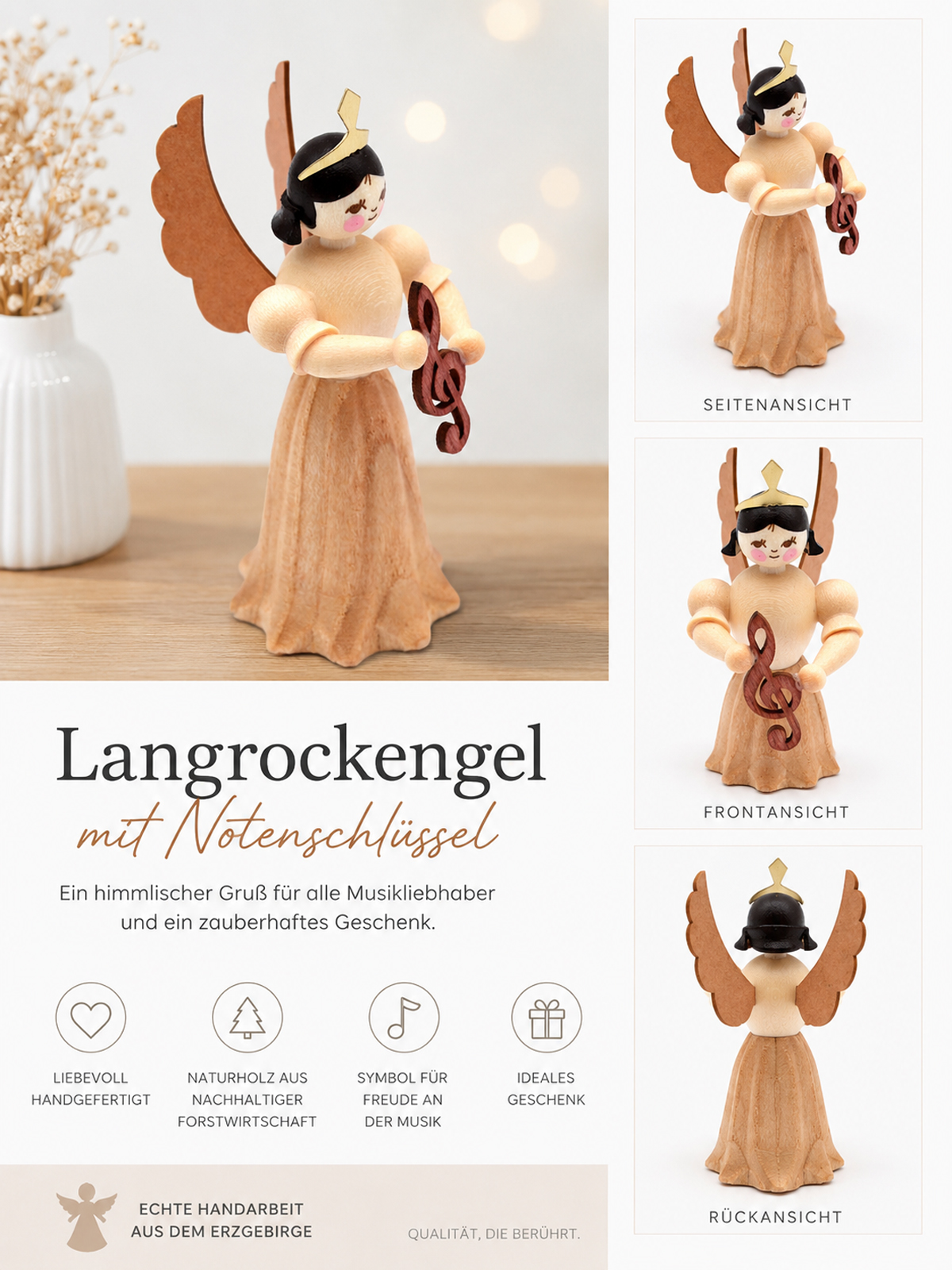 Engel Langrock mit Notenschlüssel Natur 7 cm Konzertengel  