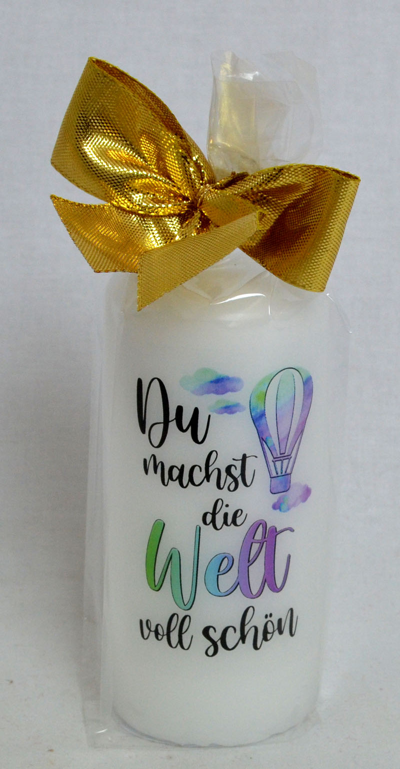 Geschenk-Kerze mit Aufdruck "Du machst die Welt voll schön"