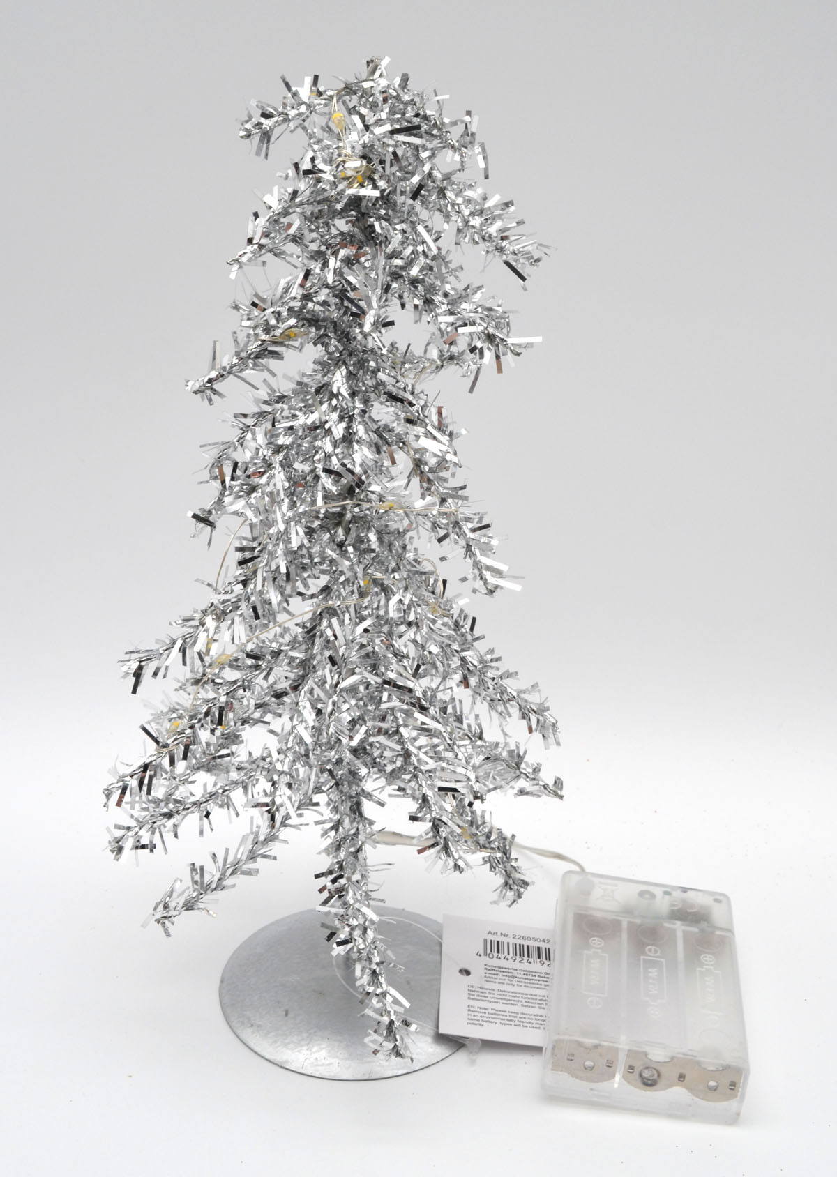 LED-Tanne silber mit 20 LEDs, Timer und Metallfuß – 25 cm