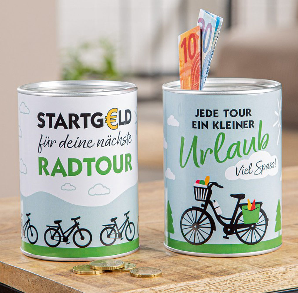 Metall-Spardose "Fahrradurlaub" bunt ca. 8,5x8,5x12 cm (T/B/H) 