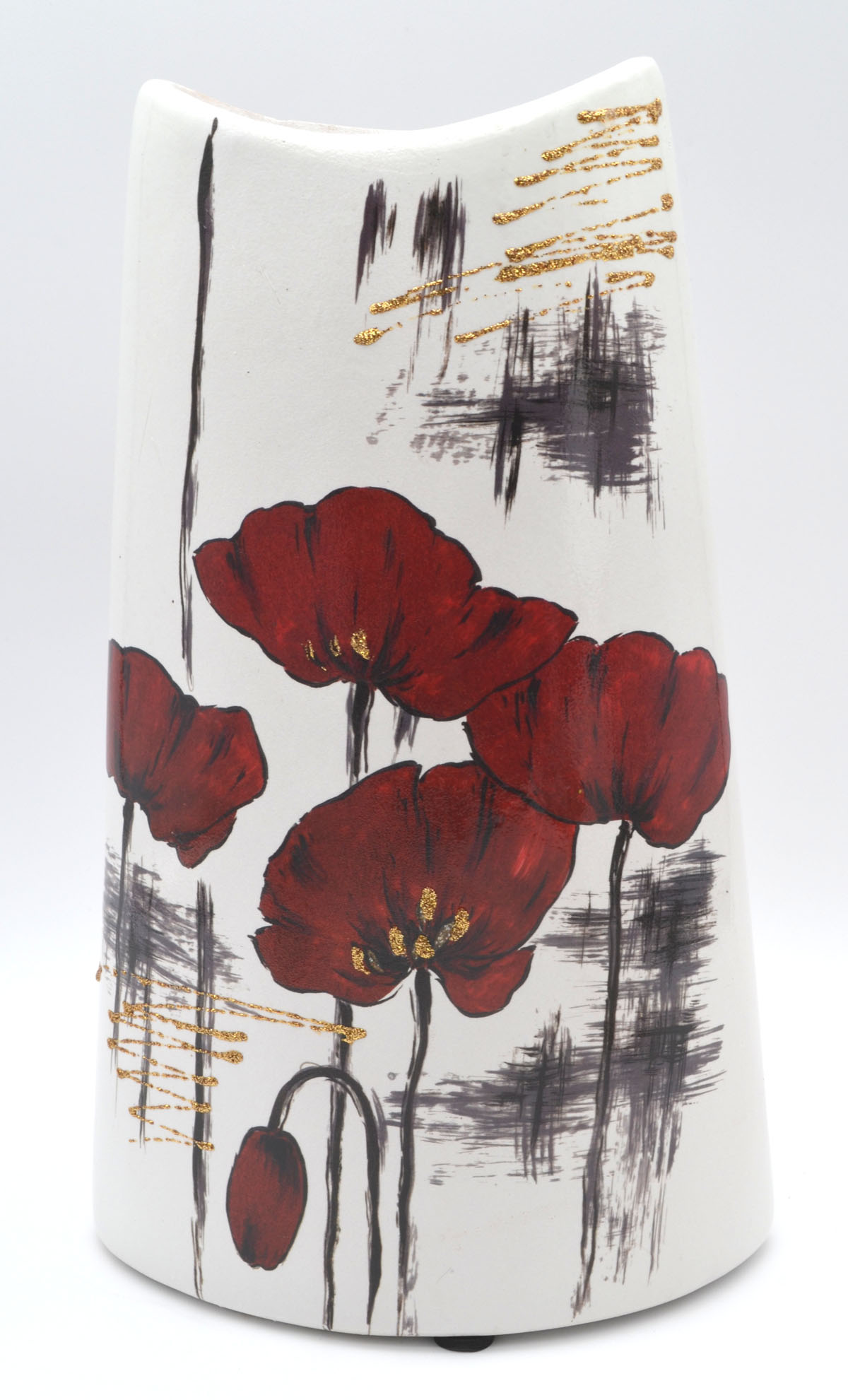 Keramik-Vase Mohnblumen 30 cm – Weiß, Rot und Gold