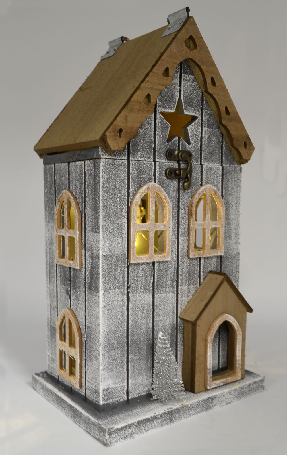 Holzhaus Retro grau-natur mit Deckel und LED 42x22x18 cm (HxBxT) 