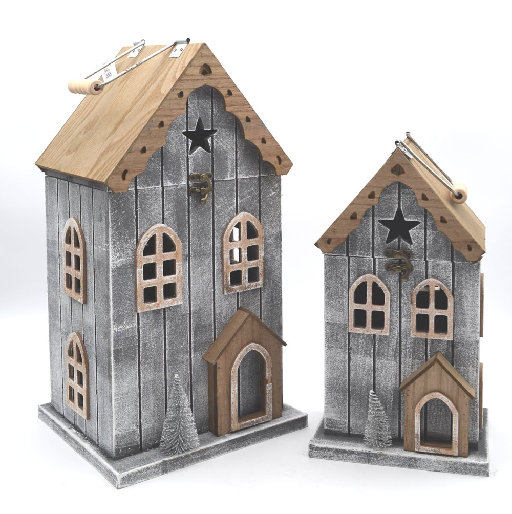 Holzhaus Retro grau-natur mit Deckel und LED 42x22x18 cm (HxBxT) 