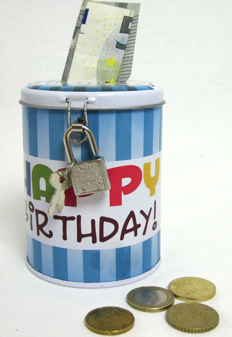 Metall-Spardose mit Schloß" Happy Birthday " bunt ca. 8x8x11 cm (T/B/H)