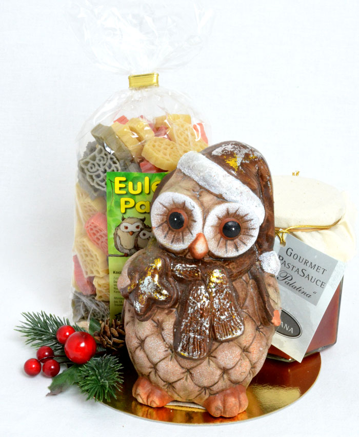 eulennudeln_mit_g-souce_und_eule Eulen-Nudelpräsent mit Gourmet-Pasta-Sauce und Keramik-Eule