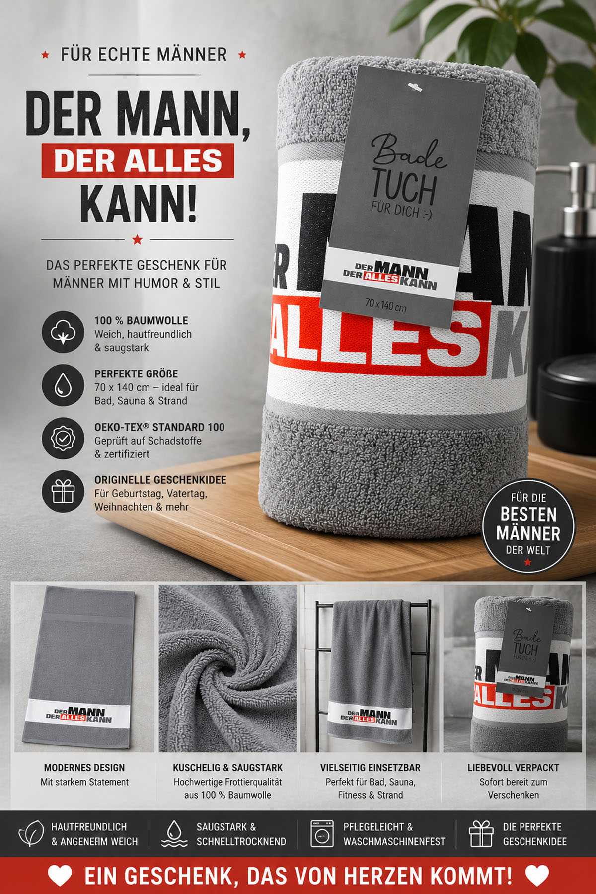 Badetuch Strandtuch "Der Mann der alles kann" 70x140 cm grau