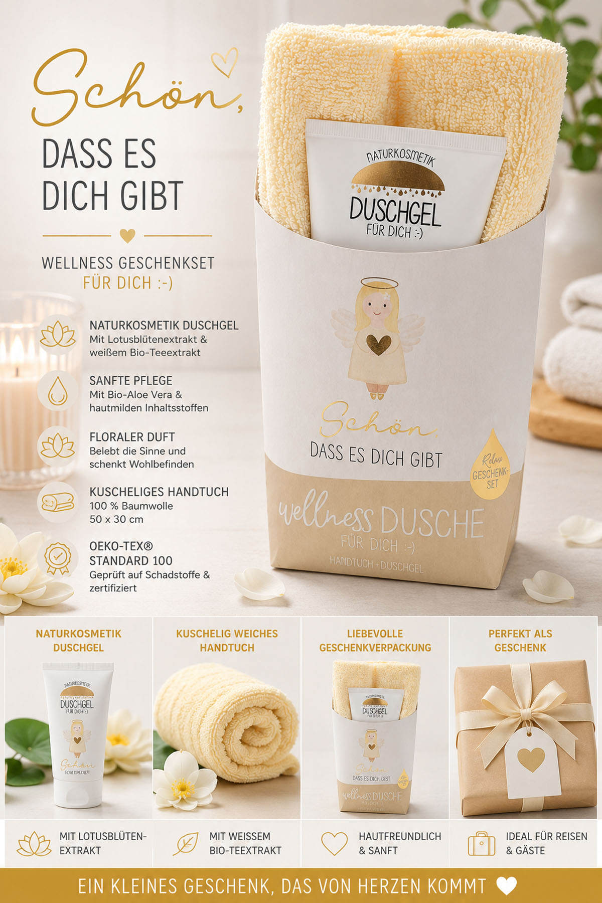 Wellness-Dusche für Dich Handtuch und Duschgel Engel