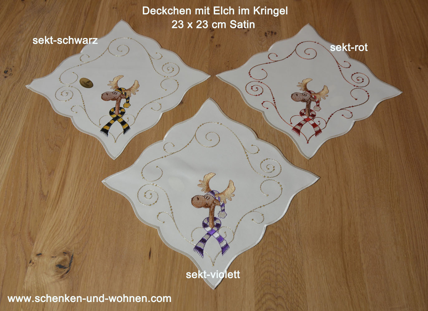 1713d22_deckchen23x23_elch_im_kringel_1zer4T2Xg9LAK4 Deckchen ca.29 x 29 cm Satin Elch mit Schal rot-weiß