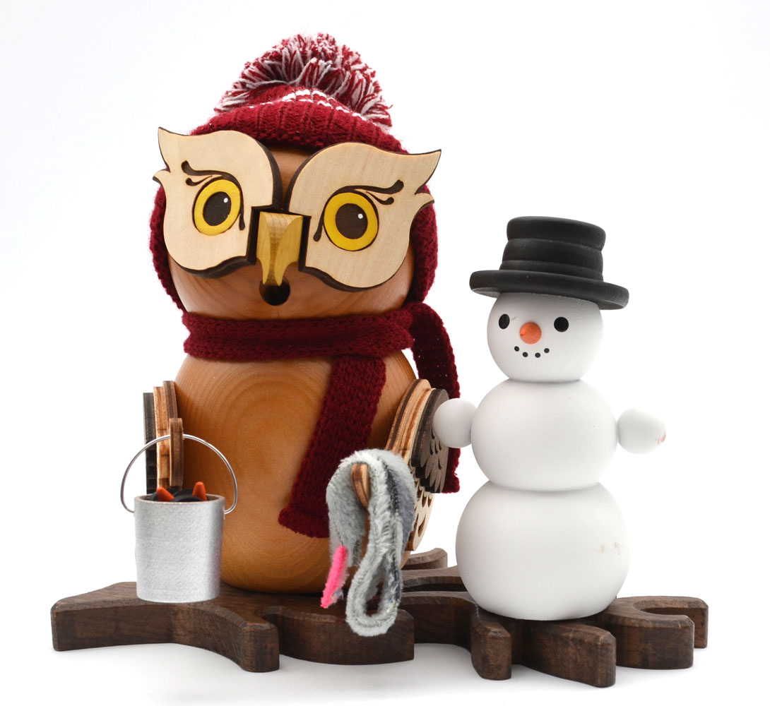 Eule mit Schneemann Rauchfigur ca. 18 cm - Neuheit 2025