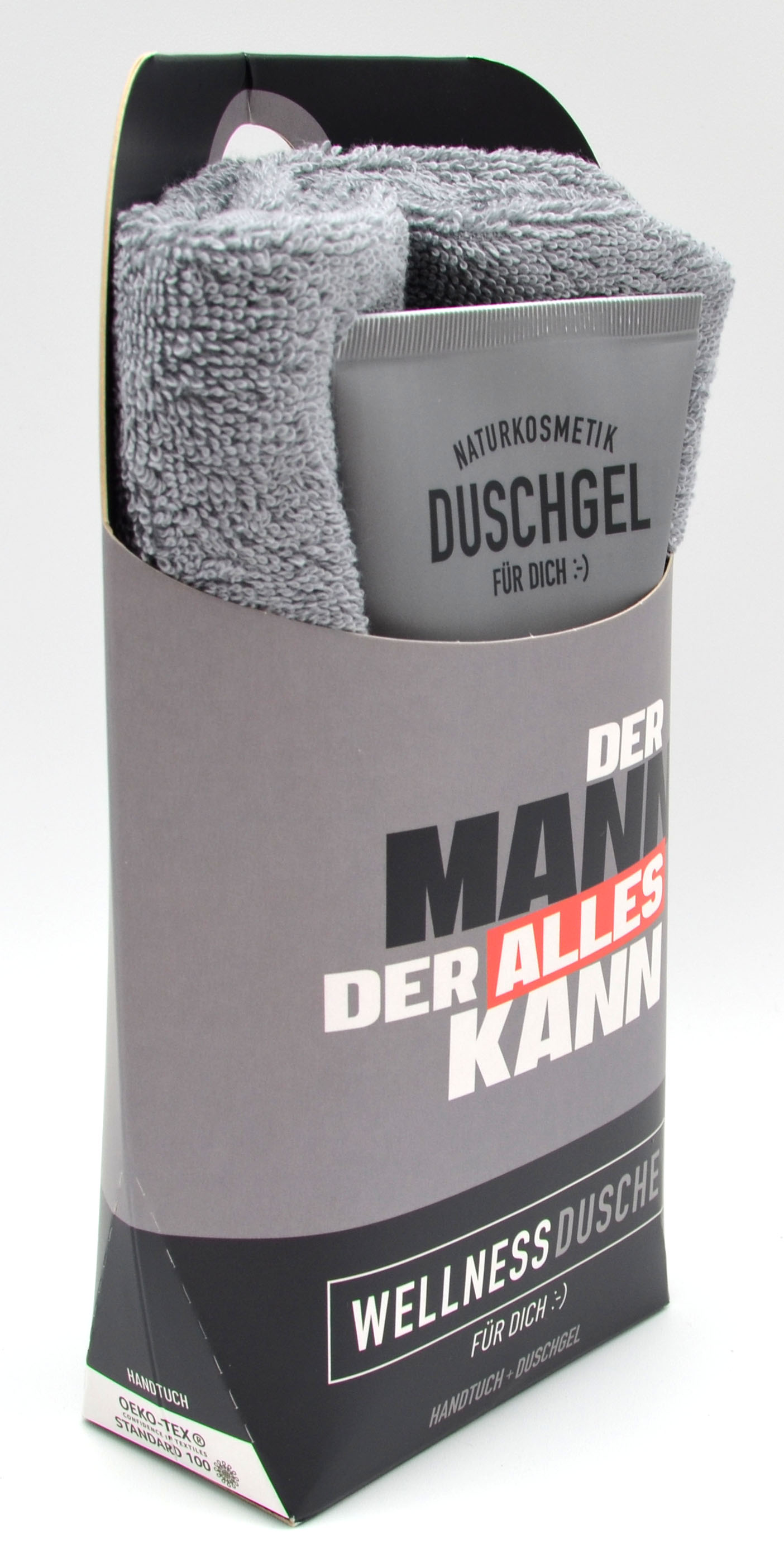 Wellness-Dusche für Dich Handtuch und Duschgel Spruch Mann
