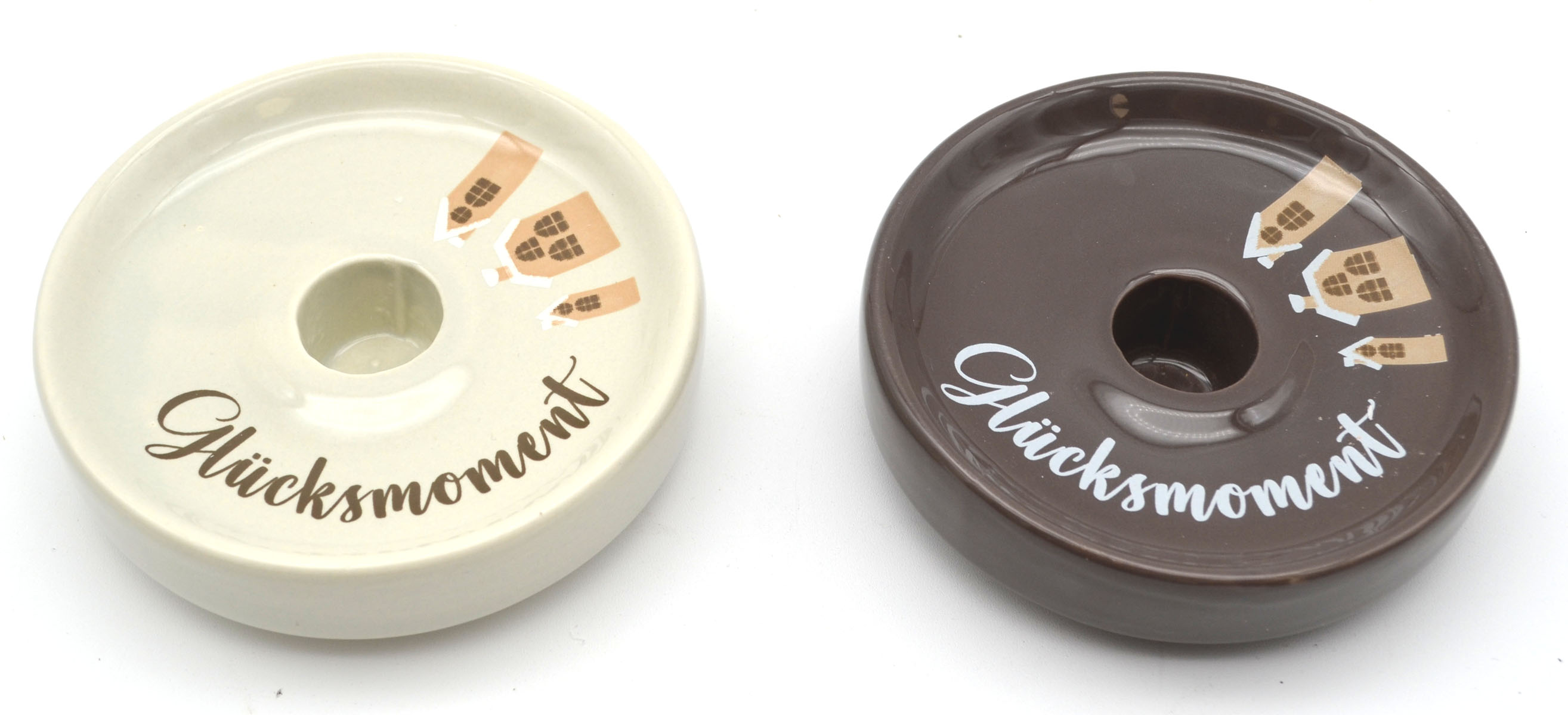 1 Kerzenleuchter rund "Glücksmoment" Schriftzug Porzellan D 10 cm cremeweiss