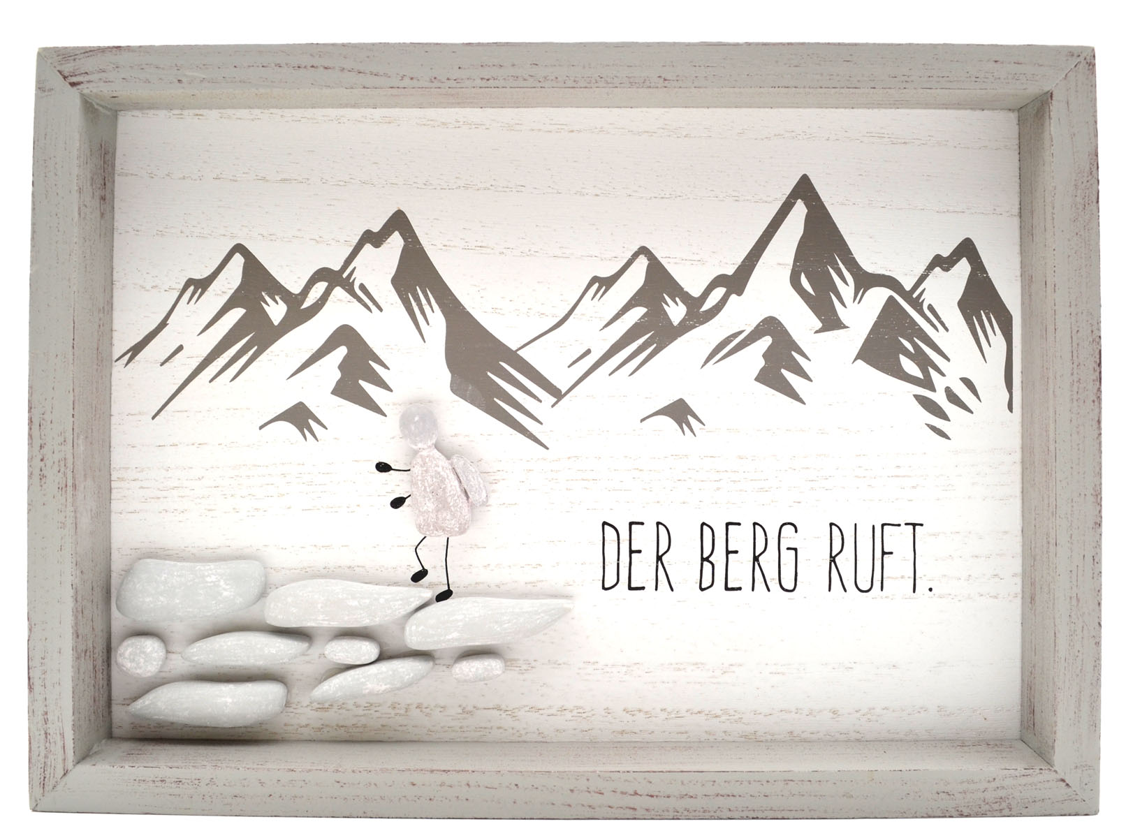 Steinbild rechteckig "Der Berg ruft"  Spruch MDF grau 33x24x4 cm  