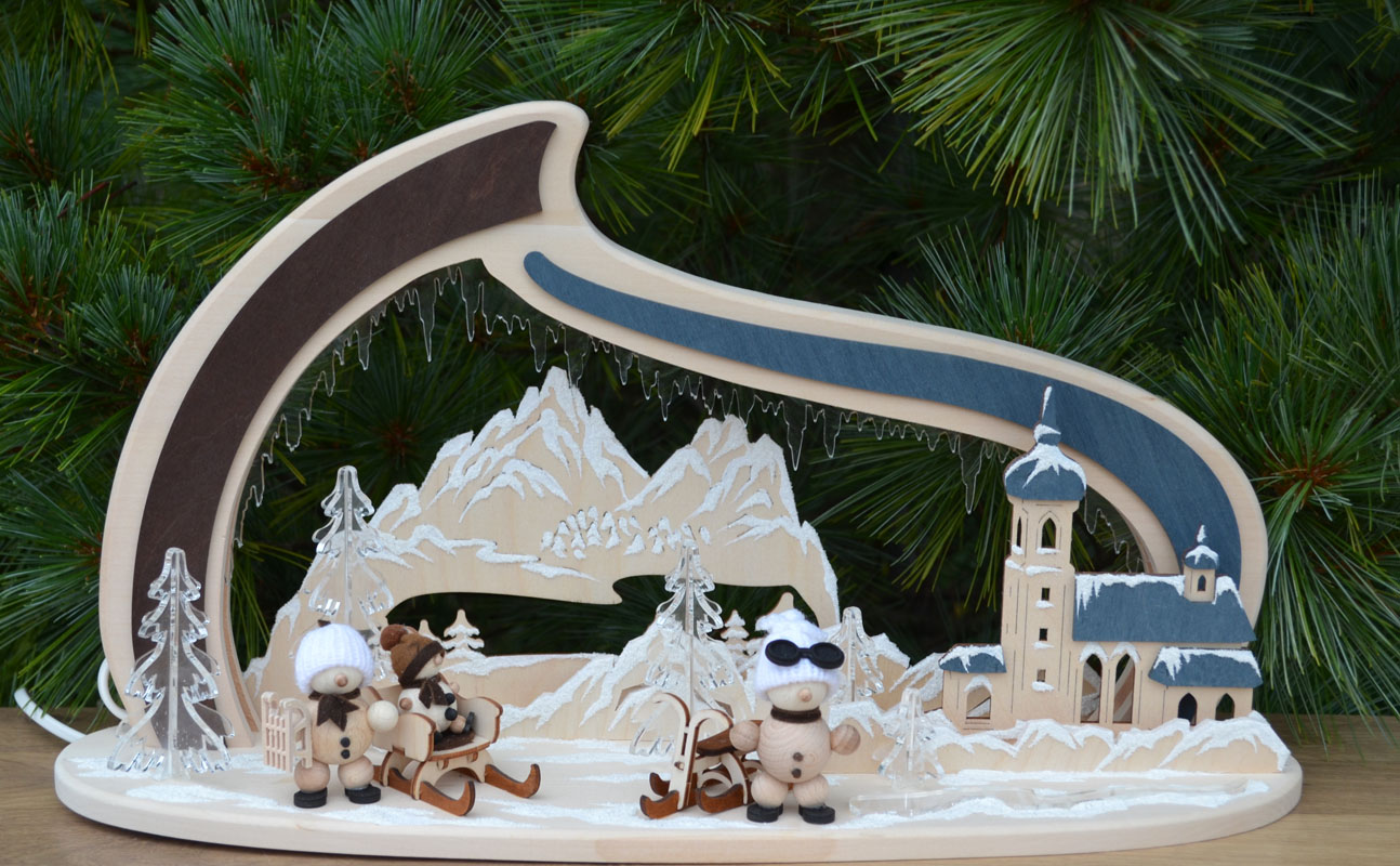 Massivholzbogen Bergkirche mit Snow-Mollies LED ca. 45 x 25 x 15 cm (BxHxT)
