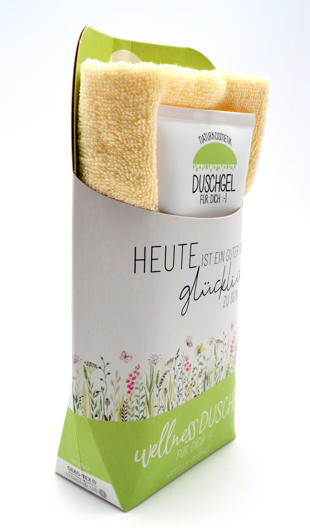 Wellness-Dusche für Dich Handtuch und Duschgel Glücklich sein