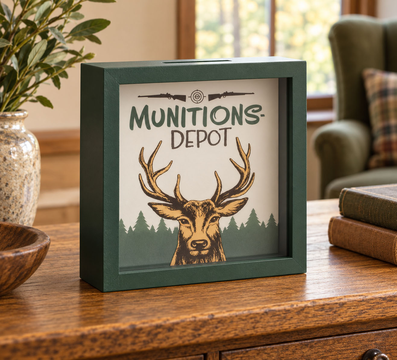 Spardose „Munitions-Depot“ mit Hirschmotiv 17 × 17 × 4 cm – Geschenk für Jäger