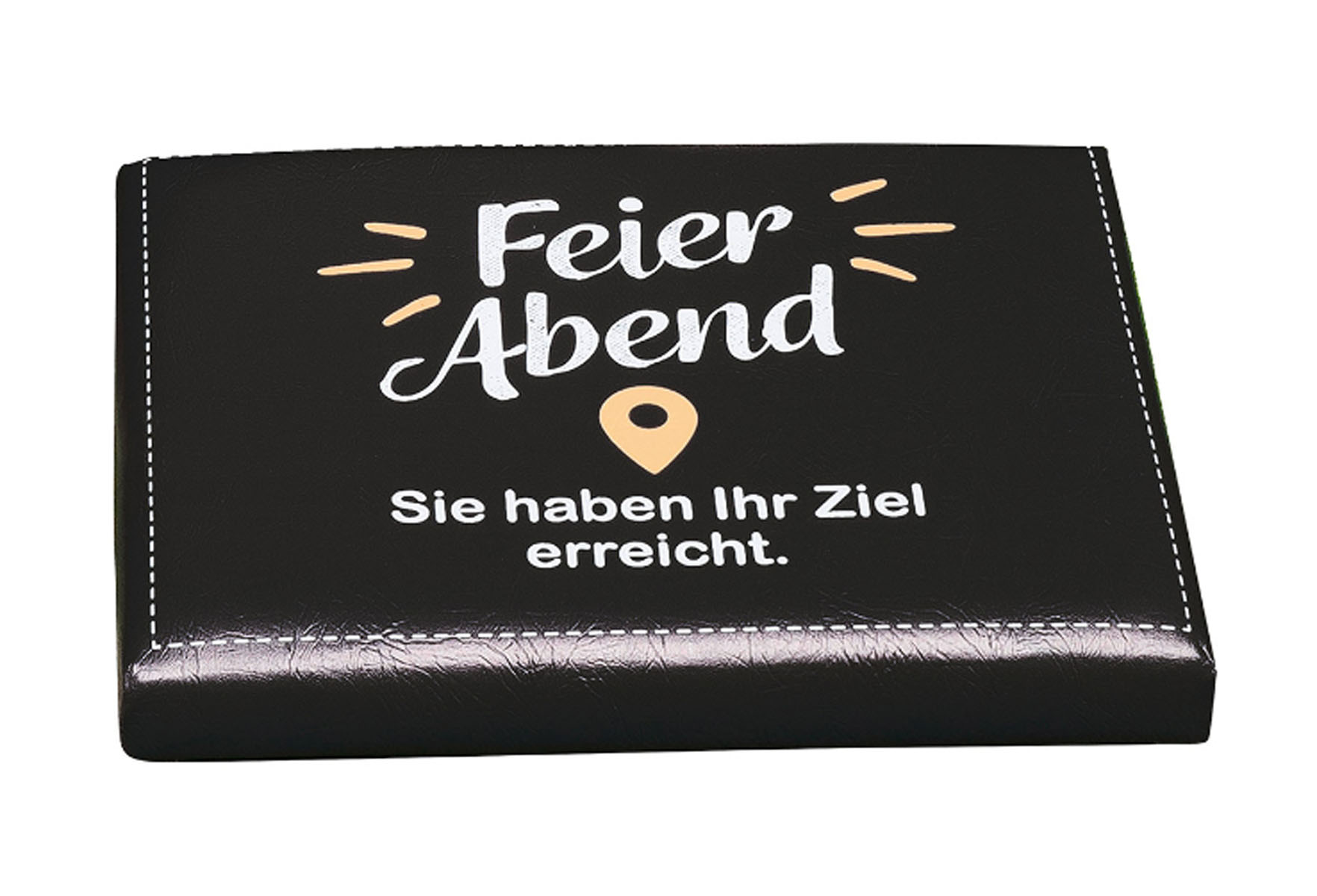 Sitzpolster „Feierabend“ für Bier- und Getränkekisten – schwarz, 44 × 34 × 5 cm