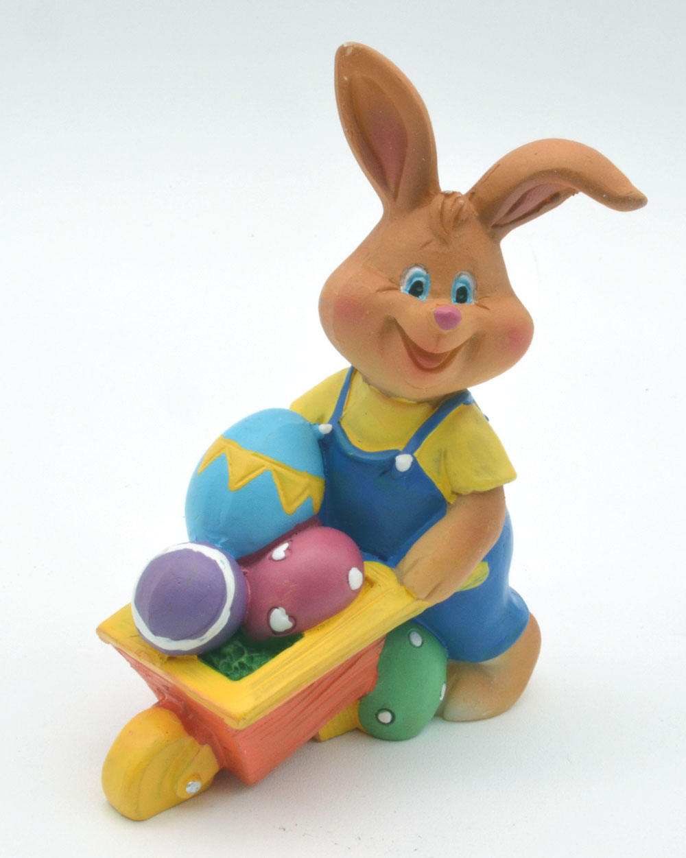 Hasenjunge "Happy" mit Schubkarre voller Eier Polyresin  6,5x3,5x9 cm