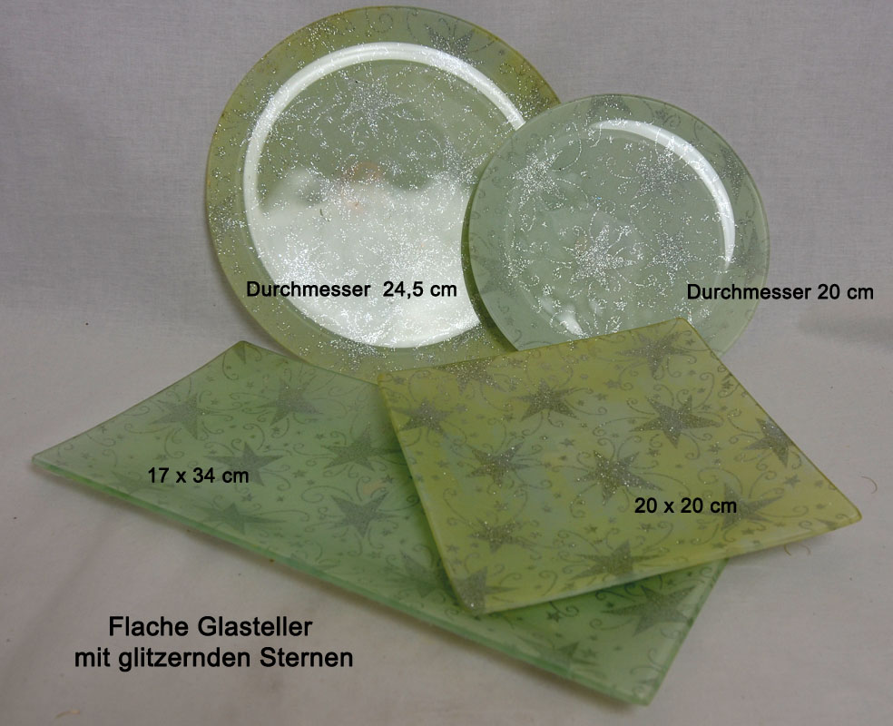 Glasteller Weihnachtszeit mit glitzernden Sternen quadratisch 20x20 cm