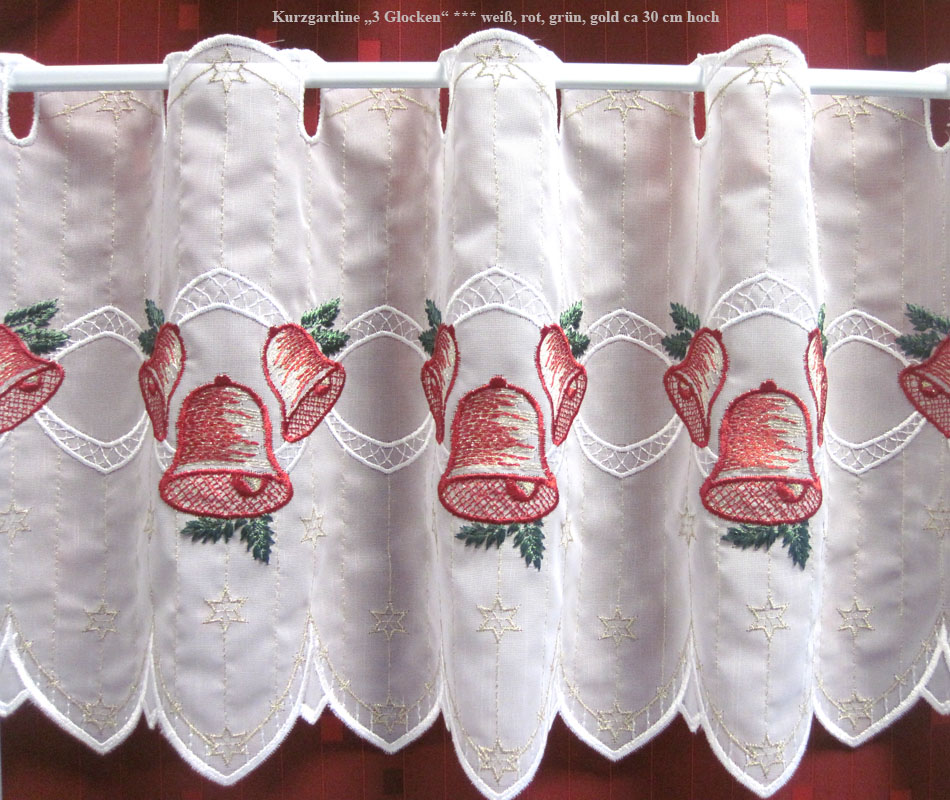 Kurzgardine"3 Glocken" Weihnachten weiß ca.29 cm hoch Meterware