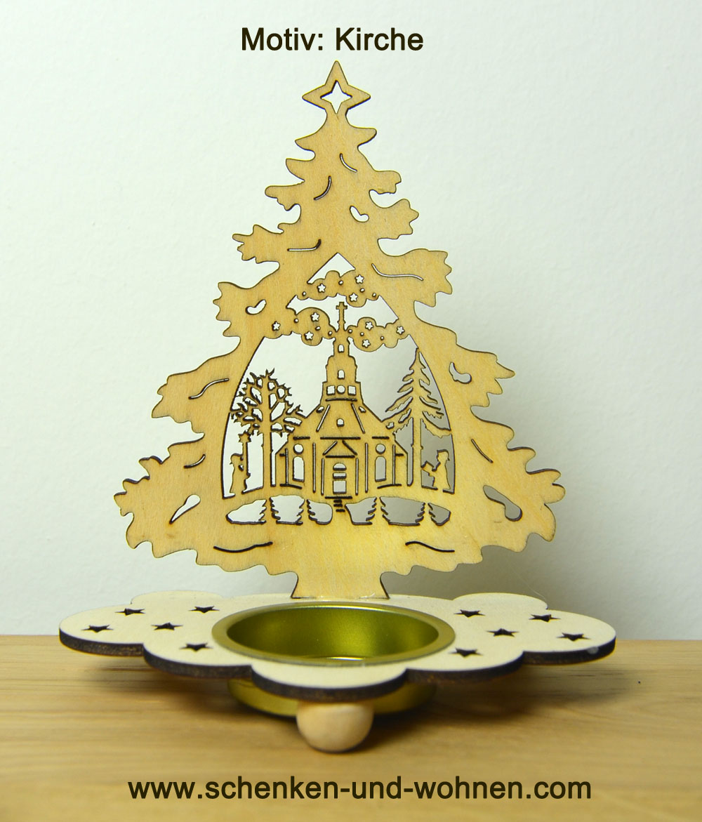 Laserholz-Teelichthalter Tanne mit Motiv Kirche 13 x 11 x 7 cm (HxBxT)