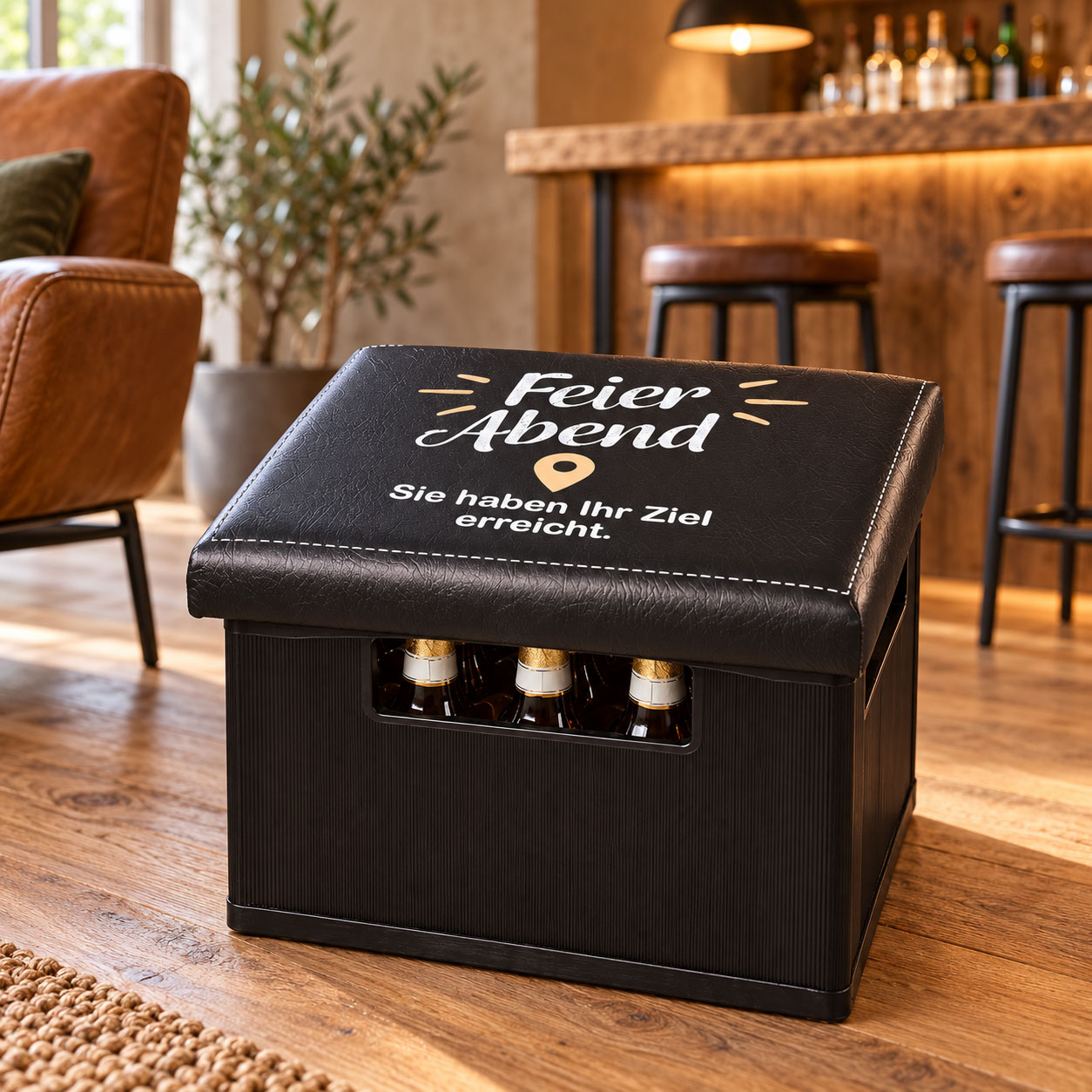Sitzpolster „Feierabend“ für Bier- und Getränkekisten – schwarz, 44 × 34 × 5 cm