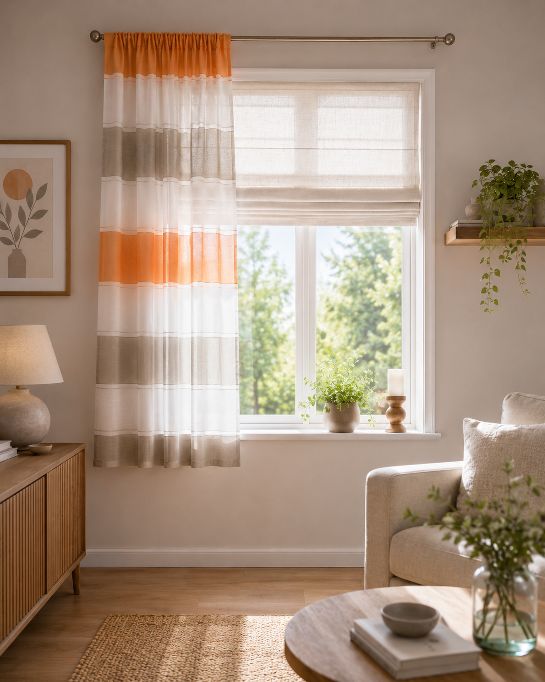 1 Seitenschal quer gerstreift orange-hellgraubraun-weiss 50 x 170 (BxH)