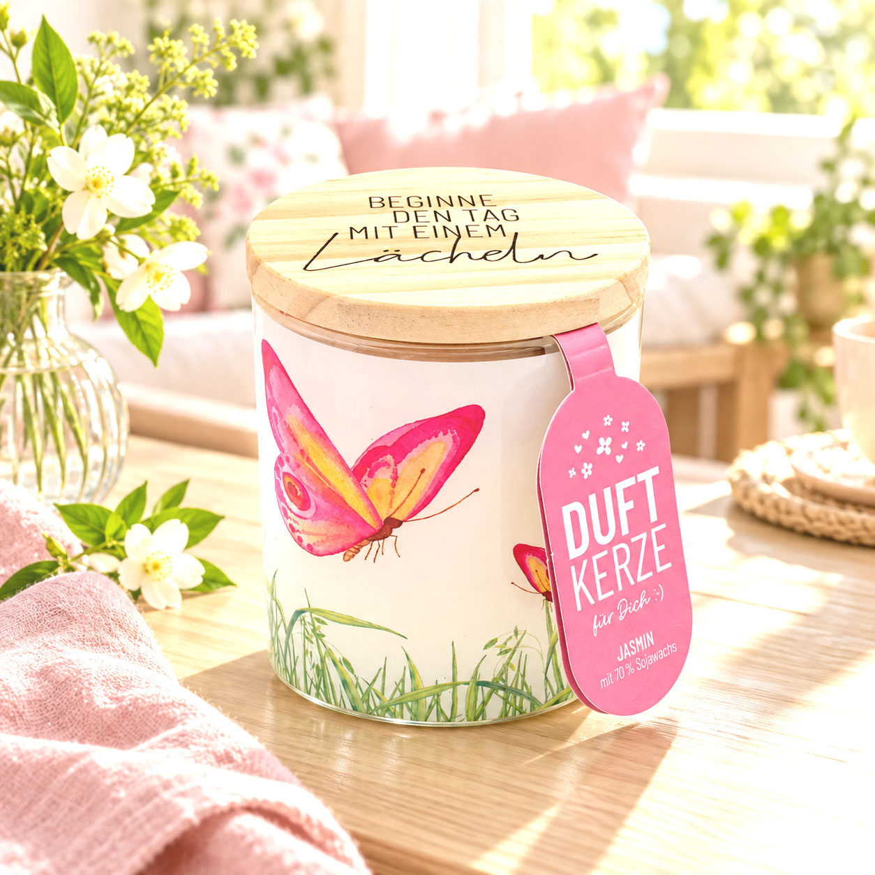 Duftkerze Jasmin „Beginne den Tag mit Lächeln“ 30 Std. 8,5 cm 