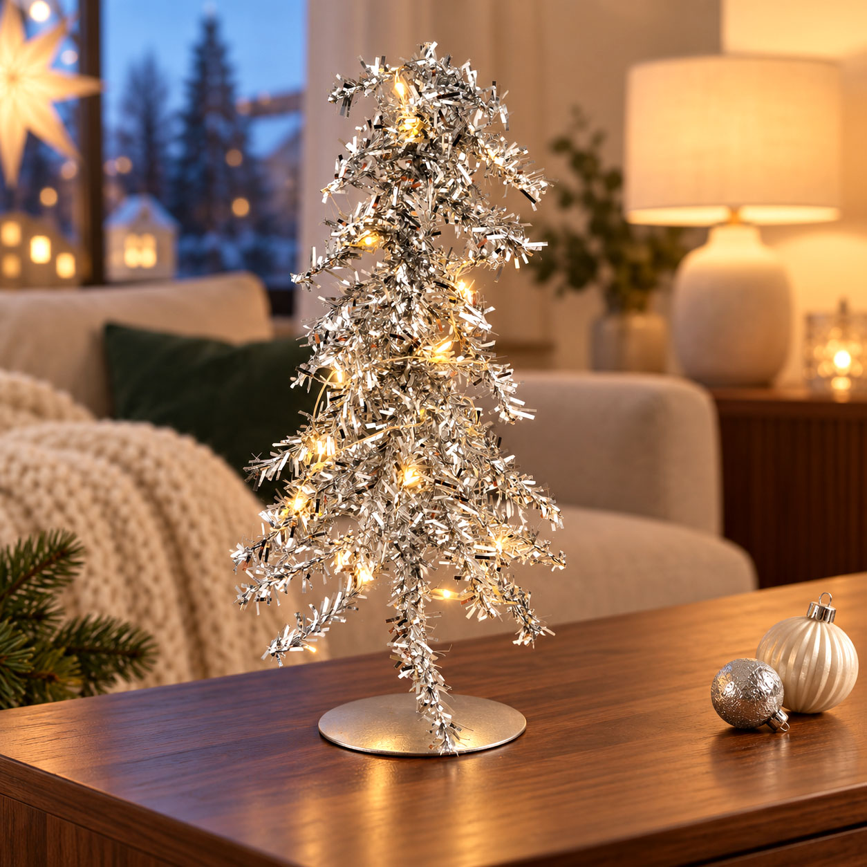 LED-Tanne silber mit 20 LEDs, Timer und Metallfuß – 25 cm