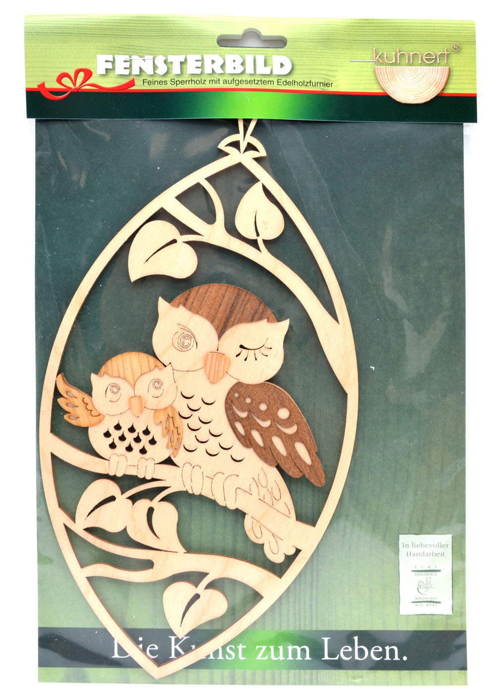 Fensterbild Motiv Eule mit Kind im Oval 27x14 cm Echt Erzgebirge 