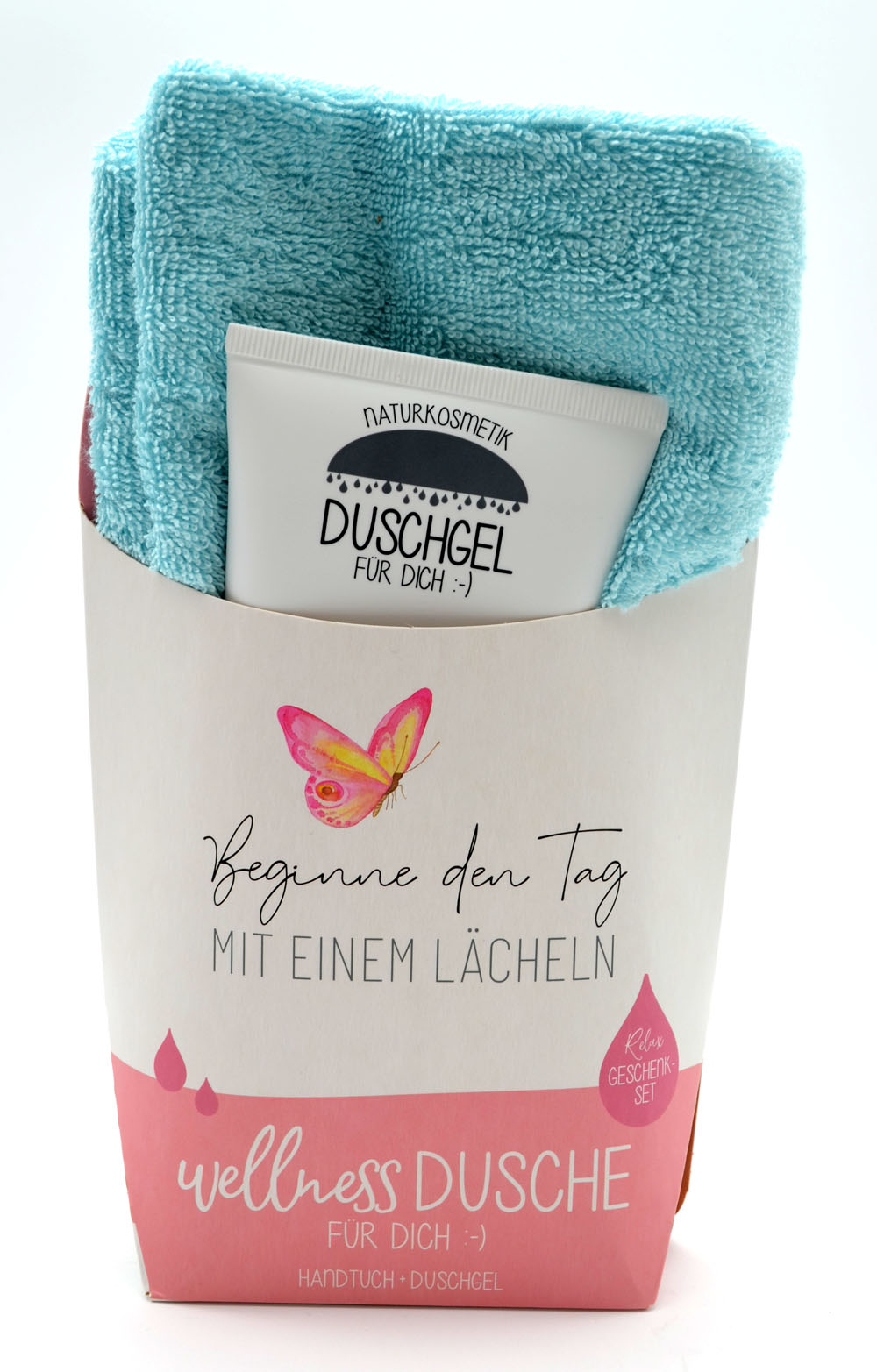Wellness-Dusche für Dich Handtuch und Duschgel Lächeln Wellness-Dusche für Dich Handtuch und Duschgel Lächeln
