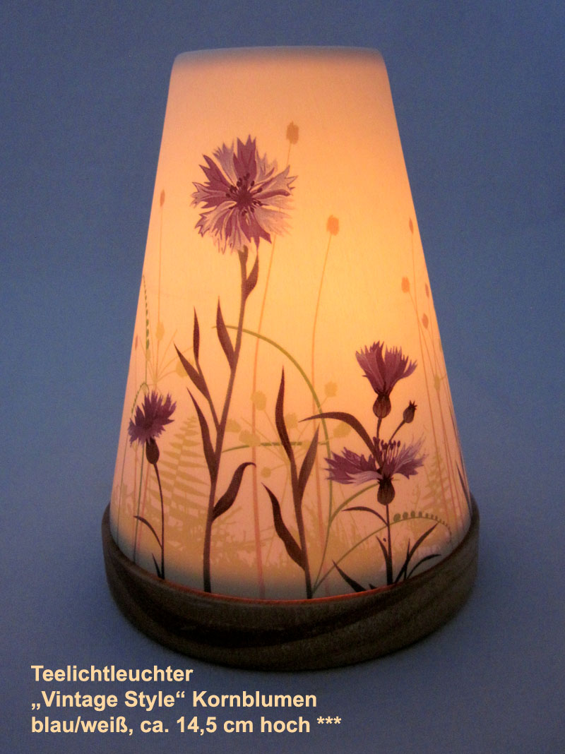 Teelichtleuchter Vintage Style Kornblumen Nr.31 blau/weiß ca. 14,5 cm hoch