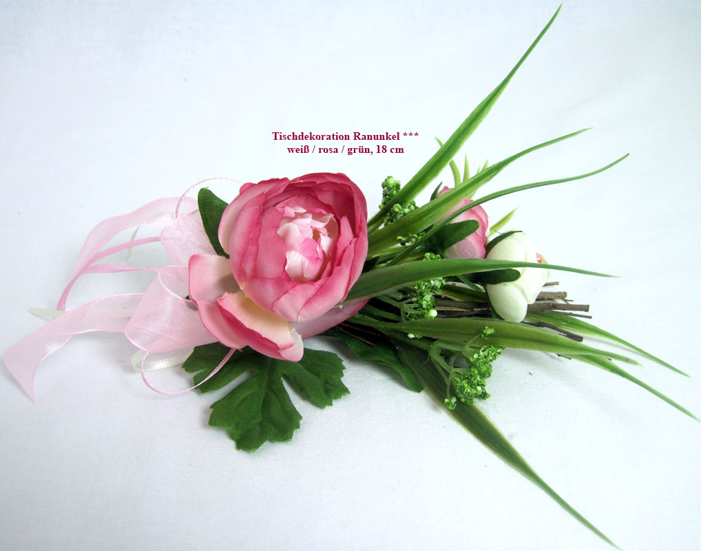 Tischdeko Ranunkel mit 3 Blüten und Schleife, rosa/weiß/grün ca.18cm