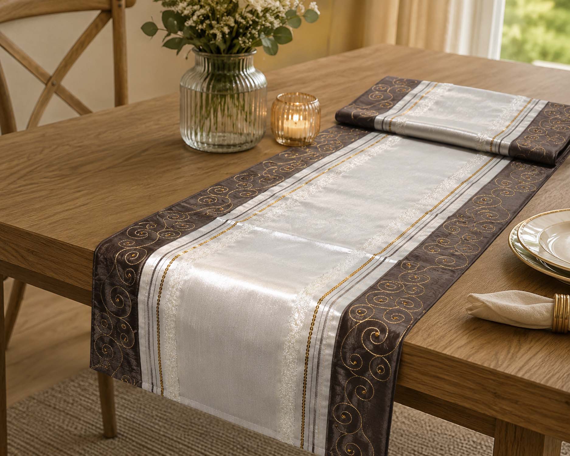 Tischläufer Tischband 50 x 150 creme-braun-gold mit Pailetten