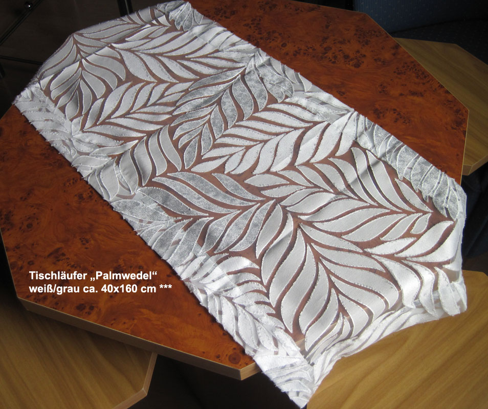 Tischläufer „Palmwedel“ weiß/grau ca. 40x160 cm