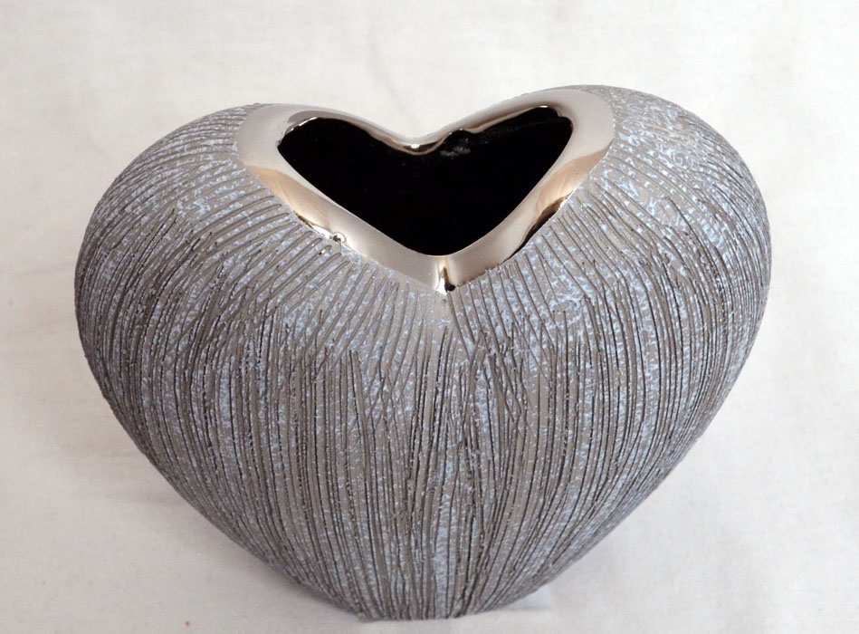 Keramik Herz-Vase "Vulcanos" grau-silber glänzend ca. 16 cm hoch