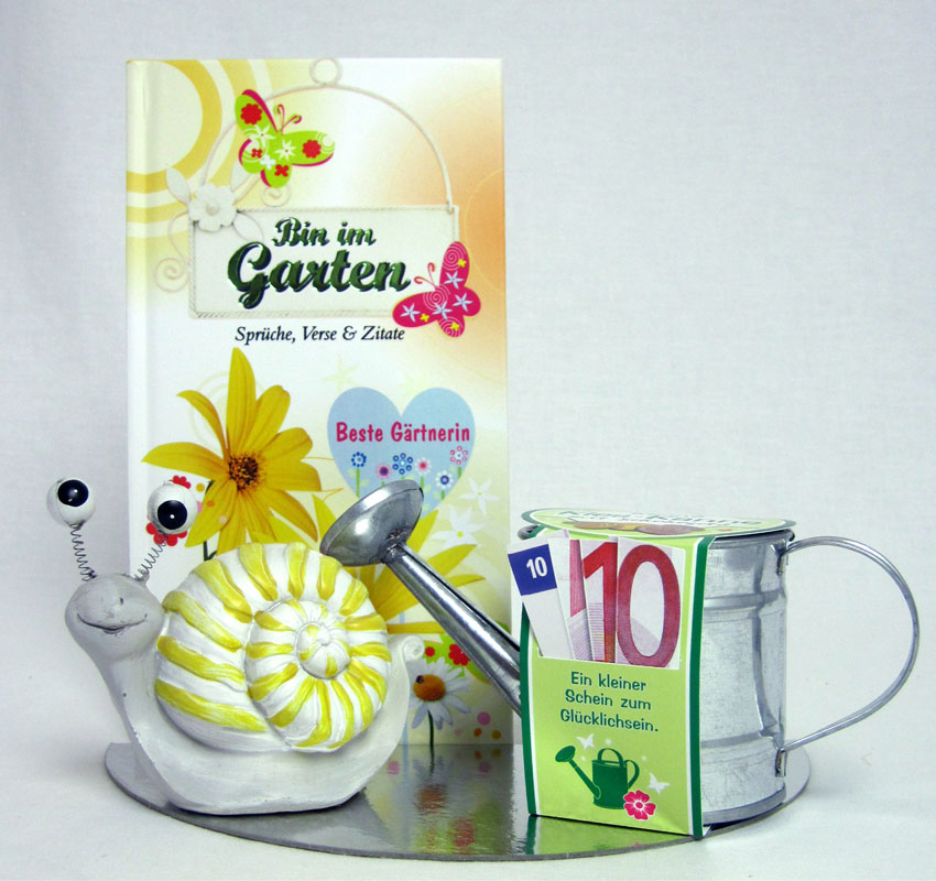 geschenk-set_garten_gieskanne_schnecke Geschenk-Set Gärtnerin - Buch, Schoko-Gieskanne, Schnecke