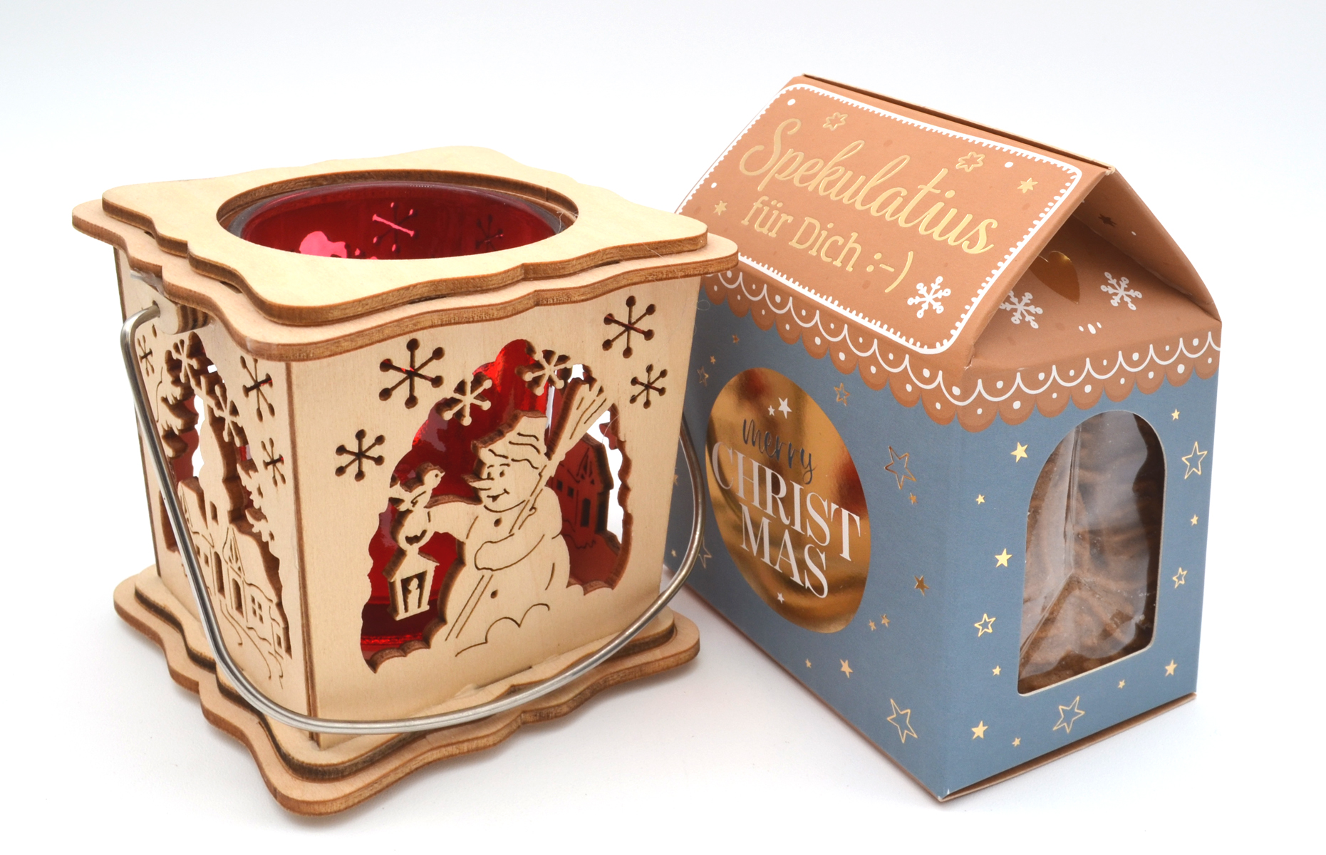Fertig verpacktes Weihnachtspräsent – Laterne & Spekulatius