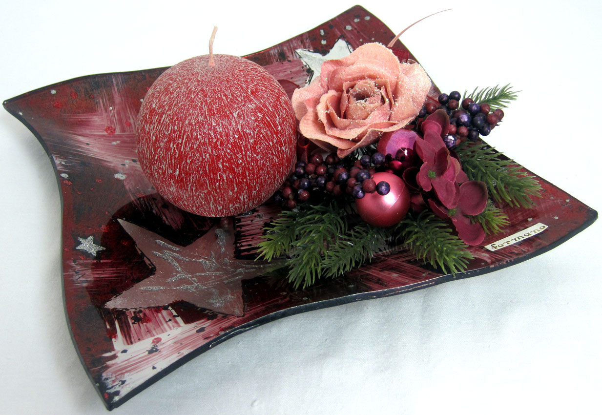 Weihnachtliche Tischdekoration Rose beglimmert, bordeaux grün ca. 20 cm