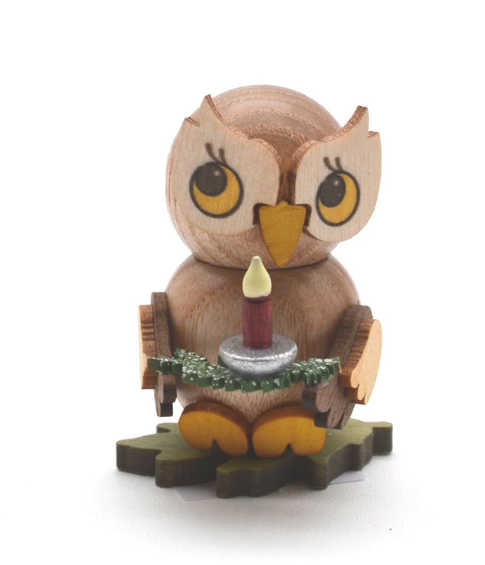 Kuhnert - Eulenkind mit Kerze auf Zweig zum Stellen - Holzfigur ca. 4 cm