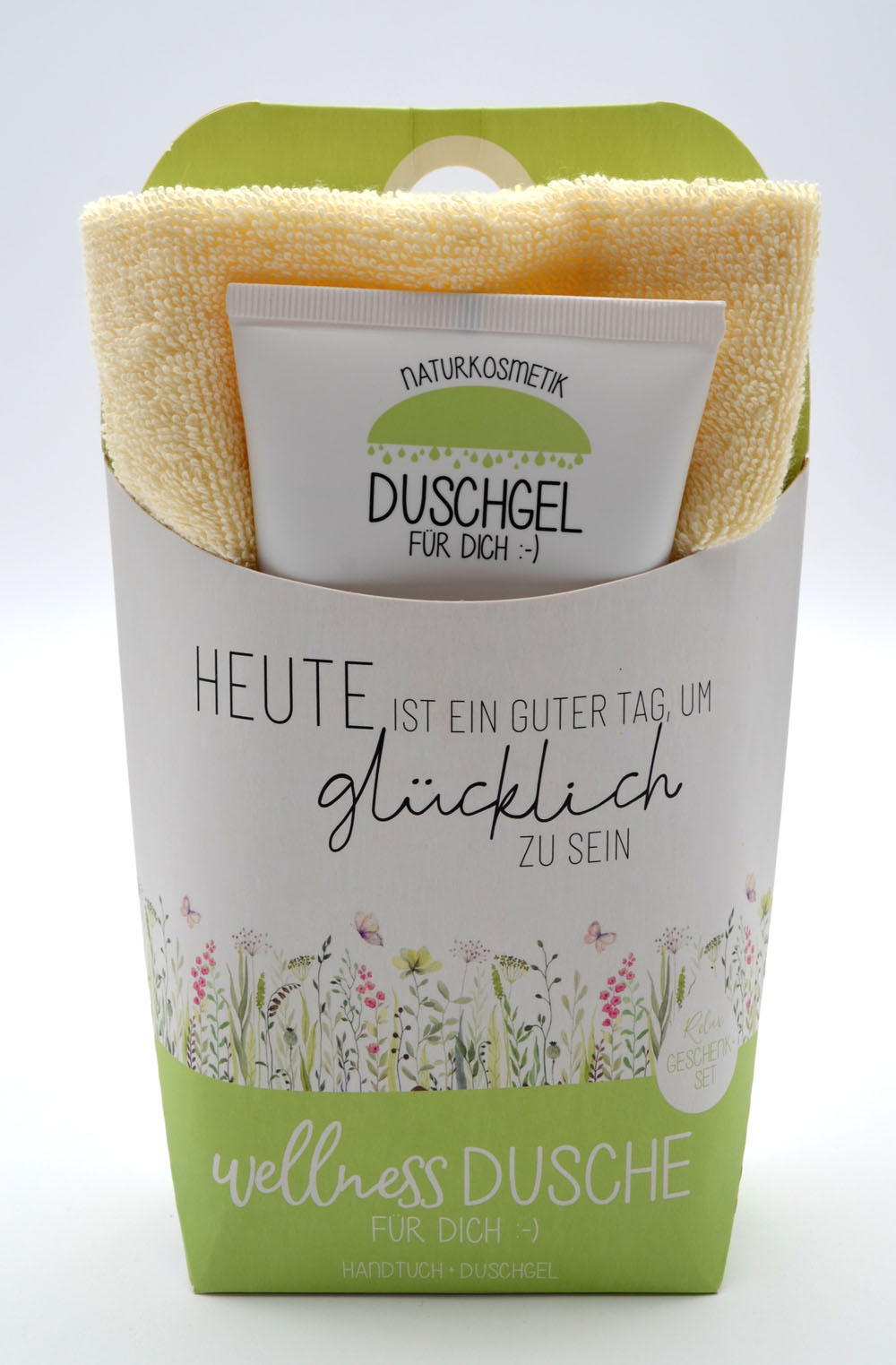 Wellness-Dusche für Dich Handtuch und Duschgel Glücklich sein