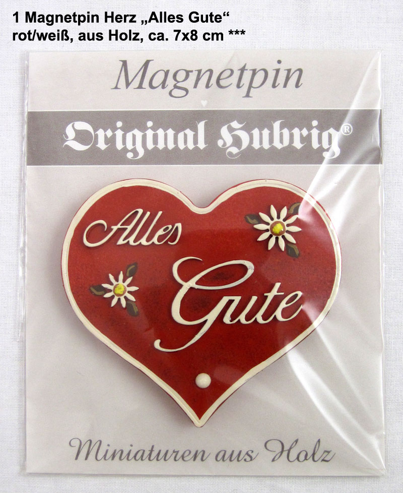 1 Magnetpin Herz Alles Gute, rot/weiß, aus Holz, ca. 7x8 cm